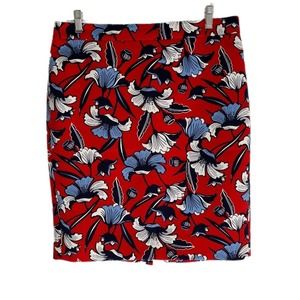 J. Crew Women's Stretch Pencil Skirt Size 8 Floral Printed Red Navy Blue G1555